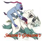  abomasnow all_fours ambiguous_gender attack blood bodily_fluids brown_body brown_fur claws dracorex_22 duo english_text evergreen_tree feral forehead_gem forest fur gem generation_4_pokemon generation_8_pokemon green_body green_fur group holidays nintendo open_mouth pine_tree plant pokemon pokemon_(species) purple_body purple_fur riding seasons_greasons simple_background size_difference sneasler snover snow teeth text tree white_background white_body white_fur yeti 