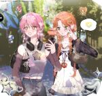  6+girls bag blue_hair braid braided_twintails chocolat_meilleure commentary_request dia_(shugo_chara!) dress green_eyes guardian_chara handbag headphones heart heart_pendant highres hinamori_amu holding holding_phone knn_nabi korean_commentary miki_(shugo_chara!) multiple_girls orange_hair outdoors phone pink_hair ran_(shugo_chara!) satchel shirt shugo_chara! sidelocks sleeveless sleeveless_shirt speech_bubble sugar_sugar_rune suu_(shugo_chara!) thought_bubble twintails v visor_cap yellow_eyes 