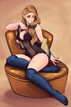  1girl absurdres black_leotard blonde_hair blue_eyes blue_thighhighs bow breasts brown_hair chair cleavage commentary covered_navel english_commentary fire_emblem fire_emblem:_three_houses full_body hair_bow highres large_breasts leotard long_hair lounge_chair mercedes_von_martritz off_shoulder raichiyo33 sitting solo thighhighs thighs very_long_hair yellow_background 