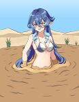  1girl absurdres bikini blue_hair breasts commentary dirty english_commentary genshin_impact grass highres layla_(genshin_impact) mud original pointy_ears quicksand solo swimsuit wetland yellow_eyes 
