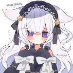  1girl animal_ears black_ribbon blush closed_mouth commentary_request flying_sweatdrops gothic_lolita hair_ornament hair_ribbon hairband highres kemonomimi_mode lolita_fashion lolita_hairband long_hair long_sleeves looking_at_viewer mahou_shoujo_no_majo_saiban natsume_an-an purple_eyes ribbon shirasuame_shiromaru simple_background sleeves_past_fingers sleeves_past_wrists solo star_(symbol) star_hair_ornament translation_request twitter_username upper_body white_background white_hair white_ribbon 