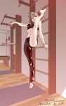  1girl asymmetrical_clothes barefoot breasts brown_eyes brown_hair expressionless flexible highres indoors leg_up nabipenciller original single_pantsleg small_breasts solo split standing standing_on_one_leg standing_split stirrup_legwear stretching toeless_legwear 