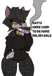anthro bell bell_collar big_breasts black_body bottomwear breasts cigarette clothing collar domestic_cat english_text felid feline felis female jacket mammal pants smoking smoking_cigarette solo text topwear wannapossums