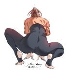  1girl 2025 ass black_unitard brown_hair crop_top dated facing_away from_behind full_body highres nabipenciller original ponytail soles solo squatting stirrup_legwear toeless_legwear 