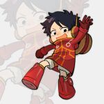  1boy arm_up black_hair boots coat full_body fur-trimmed_shorts fur_trim gloves hat headphones highres long_sleeves looking_at_viewer male_focus monkey_d._luffy official_alternate_costume one_piece open_mouth orange_shorts red_boots red_coat red_gloves scar scar_on_cheek scar_on_face short_hair shorts solo straw_hat toku0034 unworn_hat unworn_headwear 