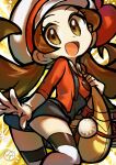  1girl :d bag blue_overalls bow brown_eyes brown_hair commentary hat hat_bow highres holding_strap idemaru looking_at_viewer lyra_(pokemon) newsboy_cap open_mouth overalls pokemon pokemon_hgss red_shirt shirt shoulder_bag smile solo thighhighs twintails white_hat yellow_bag 