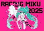  1girl 2025 :o absurdly_long_hair anmian_ruomeng aqua_eyes aqua_hair aqua_socks armband belt black_shoes black_skirt black_sleeves blush_stickers boots character_name chibi cropped_shirt detached_sleeves expressionless eyelashes hair_between_eyes hair_intakes half-skirt hatsune_miku heart heart_print holding layered_legwear long_hair long_skirt long_sleeves looking_at_viewer midriff outline parted_lips pink_armband pink_background pink_skirt pink_theme pleated_skirt print_shirt racing_miku racing_miku_(2025) shirt shoes simple_background single_bare_shoulder single_detached_sleeve single_sleeve single_sock single_thigh_boot single_thighhigh skirt socks solo sparkle speaker standing straight-on striped_clothes striped_skirt stuffed_animal stuffed_toy teddy_bear thigh_boots thighhighs turtleneck turtleneck_shirt twintails two-sided_fabric two-sided_skirt vertical-striped_clothes vertical-striped_skirt very_long_hair vocaloid wavy_hair white_belt white_boots white_outline white_shirt 