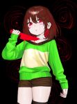  1other absurdres androgynous blush_stickers bob_cut brown_hair brown_shorts chara_(undertale) colored_inner_hair commentary english_commentary flat_chest genocide_route_(undertale) green_sweater heart_soma highres holding holding_knife knife long_sleeves looking_at_viewer multicolored_hair open_mouth red_eyes red_knife short_hair shorts simple_background striped_clothes striped_sweater sweater two-tone_hair two-tone_sweater undertale utdr_(toby_fox) 