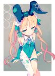  1girl alternate_costume animal_ears arm_support bare_shoulders blonde_hair blush border closed_mouth commentary_request covered_navel cross elbow_gloves embarrassed fake_animal_ears flat_chest from_above fuukadia_(narcolepsy) gloves green_eyes green_leotard grey_background highres invisible_chair leg_tattoo leotard long_hair looking_at_viewer mahou_shoujo_no_majo_saiban nervous_sweating outside_border pantyhose playboy_bunny rabbit_ears single_leg_pantyhose sitting solo strapless strapless_leotard sweat tattoo thigh_strap tono_hanna twintails wavy_mouth white_border white_pantyhose 