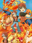  arcanine baseball_cap brown_hair bukiko charizard charmander charmeleon fiery_tail fire flareon gen_1_pokemon growlithe hat holding magmar moltres ninetales pokemon pokemon_(creature) pokemon_(game) pokemon_frlg ponyta red_(pokemon) red_(pokemon_frlg) tail tail-tip_fire vulpix 