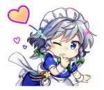  1girl apron blue_dress blue_eyes bow bowtie braid chibi chibi_only closed_mouth dress green_bow green_bowtie grey_hair hair_bow heart izayoi_sakuya long_hair looking_at_viewer lowres maid maid_headdress official_art one_eye_closed pocket_watch puffy_short_sleeves puffy_sleeves rotte_(1109) second-party_source short_sleeves smile solo sticker_(medium) touhou touhou_lostword transparent_background twin_braids waist_apron watch white_apron wrist_cuffs 