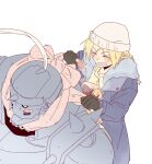  2boys 3bivl adjusting_another's_clothes alphonse_elric armor black_gloves blonde_hair blue_coat blush blush_stickers braid brothers closed_eyes coat edward_elric from_above full_armor fullmetal_alchemist gloves grin hair_between_eyes hat highres long_hair male_focus multiple_boys parted_bangs parted_lips pink_scarf plate_armor plume scarf shoulder_spikes siblings single_blush_sticker single_braid smile spikes upper_body white_background white_eyes white_hat winter winter_clothes winter_coat 