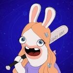 2022 accessory alternate_species anthro bent_arm blonde_hair blue_background blue_eyes buckteeth bust_portrait clothed clothed_anthro clothed_female clothing colored cosmic_background digital_drawing_(artwork) digital_media_(artwork) english_description english_text eyelashes female female_anthro flat_chested fur furrification hair hair_accessory holding_baseball_bat lagomorph light lighting long_ears long_hair looking_at_viewer mammal mitten_hands multicolored_body multicolored_hair nalopia no_eyebrows noseless official_art open_mouth open_smile portrait purple_clothing purple_shirt purple_topwear rabbid raving_rabbids rayman_(series) real_world right-handed shirt simple_background smile smiling_at_viewer solo space space_background tan_body tan_eyelids tan_inner_ear tan_skin teeth text thomas_caputo topwear two_tone_body two_tone_hair ubisoft wavy_hair white_body white_fur