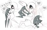 abafterdark anthro arthropod black_body blush bodily_fluids dialogue duo facesitting female female/female fingering fingering_partner heart_symbol hi_res hollow_knight:_silksong hollow_knight_(franchise) horn hornet_(hollow_knight) lace_(hollow_knight:_silksong) mask melee_weapon sex shaking sitting_on_another speech_bubble sweat sword team_cherry trembling weapon white_body