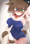  1girl absurdres animal_collar animal_ears armpits artist_name averting_eyes bar_censor beret black_hat blue_eyes blue_one-piece_swimsuit blush breasts brown_hair brown_tail cat_ears cat_girl cat_pendant cat_tail censored censored_armpit closed_mouth collar commentary covered_navel covered_nipples doli_palta ears_down english_commentary fake_censor grabbing_another's_breast green_eyes groping hat heterochromia highres indie_virtual_youtuber looking_down medium_breasts michiyo_mao mole mole_on_thigh nervous nervous_sweating nose_blush one-piece_swimsuit pov pov_hands red_collar short_hair sweat swimsuit tail torso_grab virtual_youtuber 