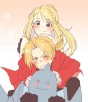  1girl 2boys 3bivl ahoge alphonse_elric bare_shoulders blonde_hair blush blush_stickers brothers carrying clenched_teeth closed_mouth coat commentary earrings edward_elric english_commentary fullmetal_alchemist furrowed_brow gradient_background grey_eyes grey_tank_top hands_on_another's_head helm helmet highres jewelry multiple_boys parted_bangs piggyback ponytail red_coat shoulder_spikes siblings sidelocks simple_background smile sparkle spikes sweatdrop tank_top teeth upper_body winry_rockbell yellow_eyes 
