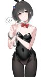  1girl amemori_sayo animal_ear_hairband animal_ears black_eyes black_hair black_leotard bow bowtie breasts commentary_request covered_navel cuffs detached_collar fake_animal_ears hairband handcuffs highres leotard looking_at_viewer nekozane_ryo nijisanji one_side_up pantyhose playboy_bunny rabbit_ears red_bow red_bowtie short_hair small_breasts smile solo strapless strapless_leotard v virtual_youtuber 