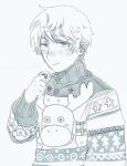  1boy animal_print artist_name axis_powers_hetalia blush christmas_sweater christmas_tree_print closed_mouth commentary_request cookie deer_print eating food greyscale half-closed_eyes hand_up harutoro_39487 highres holding holding_food long_sleeves looking_at_viewer male_focus monochrome puffy_long_sleeves puffy_sleeves russia_(hetalia) short_hair simple_background snowflake_print solo star_(symbol) star_print sweater turtleneck turtleneck_sweater upper_body 