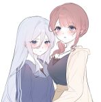  2girls black_shirt blue_eyes blue_jacket blush breasts brown_hair brown_skirt commentary grey_hair hair_between_eyes hood hooded_jacket jacket jewelry komeng_64 long_hair long_hair_between_eyes long_sleeves looking_at_viewer medium_breasts mochizuki_honami multiple_girls necklace open_clothes open_jacket parted_lips project_sekai shirt side_ponytail skirt sweatdrop symbol-only_commentary track_jacket white_jacket yoisaki_kanade 