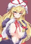  ario bangs blonde_hair blush breasts brown_background center_opening choker cleavage covered_nipples curvy elbow_gloves finger_to_mouth gloves hat large_breasts long_hair looking_at_viewer naughty_face no_bra purple_eyes simple_background sketch smile solo touhou upper_body very_long_hair white_gloves yakumo_yukari 