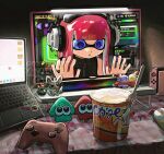  1girl black_shirt blunt_bangs clenched_teeth commentary commission computer computer_mouse controller crossover fork game_controller headphones highres indoors inkling inkling_girl inkling_player_character instant_cup_noodles laptop long_hair miko_(15476997) minccino mole mole_under_mouth monitor nintendo_switch pink_hair pokemon pokemon_(creature) purple_eyes salmonid shirt sleeveless sleeveless_shirt smallfry_(splatoon) splatoon_(series) splatoon_3 symbol-only_commentary teeth tentacle_hair trapped watermark 
