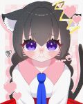  1girl alt_0218 animal_ears black_hair blush cat_ears cat_tail checkered_background commentary crown heart highres kemonomimi_mode kirby_(series) kirby_64 long_hair looking_at_viewer paw_print purple_eyes ripple_star_queen symbol-only_commentary tail 