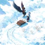  2girls :d ^_^ absurdres animal_ears axe black_hair black_pantyhose black_skirt black_wings boots brown_boots brown_coat brown_hat camera closed_eyes coat commentary day detached_sleeves english_commentary feathered_wings firewood flying footprints gradient_clothes gradient_skirt hat highres holding holding_camera inubashiri_momiji long_sleeves mixed-language_commentary multiple_girls newsboy_cap open_mouth outdoors pantyhose pointy_ears pom_pom_(clothes) red_hat red_scarf red_shirt ribbon scarf shameimaru_aya sheath sheathed shirt short_hair skirt sled smile snow suteruko tail tokin_hat touhou white_hair white_ribbon white_shirt white_sleeves wide_sleeves wings winter wolf_ears wolf_girl wolf_tail 