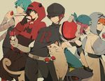  4boys bandana belt black_hair blue_hair clothes_writing elbow_gloves foreshortening gen_1_pokemon gen_3_pokemon gloves hat holding holding_poke_ball hood motune multiple_boys orange_hair persian poke_ball pokemon pokemon_(creature) pokemon_(game) pokemon_bw pokemon_dppt pokemon_hgss pokemon_rse red_hair sharpedo short_hair simple_background smile team_aqua team_aqua_grunt team_galactic team_galactic_grunt team_magma team_magma_grunt team_plasma team_plasma_grunt team_rocket team_rocket_grunt uniform waist_poke_ball 