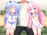  2girls ^_^ ahoge black_pants blue_bow blue_hair blue_necktie blue_sailor_collar blush bow bowtie buttons closed_eyes closed_mouth collarbone couch double_bun feet_out_of_frame game_cg hair_bow hair_bun hand_up harem_futago_lolita head_out_of_frame large_variant_set long_hair multiple_girls necktie non-web_source open_mouth pants pillow pink_eyes pink_hair pleated_skirt sailor_collar shirt short_sleeves siblings sisters sitting skirt smile sunao_(harem_futago_lolita) tomari_(harem_futago_lolita) twins usashiro_mani variant_set white_shirt white_skirt yellow_bow yellow_bowtie 