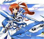  armor brown_hair cloud dress fortress_(nanoha) gun long_hair lyrical_nanoha magical_girl mahou_senki_lyrical_nanoha_force open_mouth purple_eyes raising_heart ribbon sakazaki_akira side_ponytail sky smile strike_cannon sun takamachi_nanoha weapon 