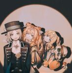  4girls ;d absurdres apple apple_(reverse:1999) ascot behind_another black_bow black_bowtie black_coat black_hat black_vest blue_bow blue_dress blue_eyes blue_neckerchief boater_hat boots bow bowtie braid braided_sidelock brown_boots brown_hair checkered_hairband coat dress facing_viewer food fruit green_eyes grey_cloak grey_eyes grey_hair grin hair_bun hairband hand_up hat hat_bow highres jacket leaning_to_the_side long_hair long_sleeves looking_at_viewer matilda_bouanich medium_hair mimaki_pv multiple_girls neckerchief newsboy_cap one_eye_closed one_side_up open_mouth polka_dot_neckerchief puffy_long_sleeves puffy_sleeves red_jacket regulus_(reverse:1999) reverse:1999 shadow shirt short_hair single_side_bun smile sonetto_(reverse:1999) spotlight straight-on sunglasses traditional_bowtie two_side_up upper_body v v_over_eye vertin_(reverse:1999) vest waistcoat white_ascot white_dress white_shirt 