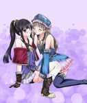  atelier_(series) atelier_meruru atelier_totori bad_id bad_pixiv_id bare_shoulders black_hair blue_footwear blue_sleeves blush boots brown_eyes brown_hair detached_sleeves dress food hair_ornament hat merushi~ mimi_houllier_von_schwarzlang multiple_girls pocky pocky_kiss ponytail shared_food shorts thighhighs totooria_helmold yuri zettai_ryouiki 