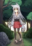  animal_ears bad_id bad_pixiv_id clog_sandals forest fox_ears fox_tail highres japanese_clothes miko nature original oruto_(ort+) pantyhose pigeon-toed red_eyes rock shi-chan_(oruton) solo tabi tail tree white_hair 