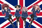  4girls black_necktie black_pantyhose blush braid breasts brown_eyes closed_mouth commentary_request cranberry_(girls_und_panzer) earrings embarrassed emblem eyeshadow full_body girls_und_panzer green_eyes jewelry large_breasts looking_at_viewer makeup medium_hair messy_hair miniskirt multiple_girls necktie open_mouth pantyhose peach_(girls_und_panzer) pink_background pink_hair pleated_skirt red_hair rosehip_(girls_und_panzer) running school_uniform simple_background skirt small_breasts smile st._gloriana's_(emblem) st._gloriana's_school_uniform takahashi_kurage union_jack vanilla_(girls_und_panzer) 