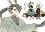  2boys antlers artist_name bead_necklace beads black_pants black_shirt blonde_hair branch closed_eyes commentary_request dr._stone dragon_boy dragon_horns dragon_tail full_body gloves green_hair grey_hair hair_between_eyes holding holding_branch horns indian_style inemotoishi japanese_clothes jewelry kimono long_sleeves male_focus multiple_boys multiple_views nanami_ryuusui nanami_sai necklace outstretched_arm pants robe shirt short_hair simple_background sitting sleeveless sleeveless_shirt stick tail toeless_legwear white_background 