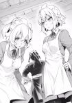  3girls :o anger_vein angry apron breasts closed_mouth collared_dress dress dungeon_ni_deai_wo_motomeru_no_wa_machigatteiru_darou_ka elf flipped_sidelocks greyscale hair_between_eyes hand_on_own_hip juliet_sleeves leaning_forward long_hair long_sleeves looking_at_viewer maid_headdress medium_breasts mia_grand monochrome multiple_girls neck_ribbon nilitsu novel_illustration official_art parted_lips pointy_ears ponytail puffy_sleeves ribbon ryu_lion short_hair standing syr_flover third-party_source 
