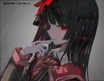  1girl biting biting_glove black_hair black_shirt blood_on_gloves commentary_request flower gloves grey_background hair_flower hair_ornament hand_up inamori_ryusa long_hair long_sleeves looking_at_viewer mahou_shoujo_no_majo_saiban nikaido_hiro red_eyes red_flower shirt solo twitter_username upper_body white_gloves 