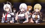 5girls apron armband bare_shoulders black_armband black_choker black_gloves black_horns black_jacket black_necktie blonde_hair blue_eyes breasts brid_(nikke) brid_(silent_track)_(nikke) buttons choker closed_eyes collared_shirt commentary crossover cup curled_horns drinking_straw earrings elbow_gloves english_commentary evelyn_chevalier girls'_frontline glasses gloves goddess_of_victory:_nikke hair_between_eyes hair_over_one_eye hand_up highres holding holding_cup horns huge_breasts indoors jacket jacket_on_shoulders jewelry large_breasts long_hair mana_(nikke) mole mole_under_eye multiple_crossover multiple_girls necktie office_lady orange_hair outfit_connection purple_eyes red_eyes red_necktie revision shirt short_hair single_elbow_glove smile springfield_(girls'_frontline) springfield_(girls'_frontline_2) substance20 trait_connection ueda_hitomi voice_actor_connection white_hair white_shirt wuthering_waves yellow_necktie zani_(wuthering_waves) zenless_zone_zero 