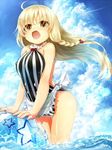 ahoge apron bad_id bad_pixiv_id ball blonde_hair blush braid breasts casual_one-piece_swimsuit cloud cloudy_sky covered_nipples day fang kirisame_marisa long_hair medium_breasts one-piece_swimsuit open_mouth side_braid sky solo star striped swimsuit touhou vertical-striped_swimsuit vertical_stripes wading waist_apron water yellow_eyes yukinoko_(mizubachi) 