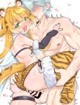  1boy 1girl abs absurdres alternate_costume animal_ear_fluff animal_ears animal_print ass bar_censor bare_shoulders black_sleeves blush breasts censored collarbone colored_inner_hair commentary_request crossed_bangs fang fur-trimmed_sleeves fur-trimmed_thighhighs fur_trim grabbing_another's_ass green_eyes grey_hair groping heart hetero highres holding_another's_leg ju_fufu long_hair looking_back looking_to_the_side motion_lines multicolored_hair nipples no_eyes open_mouth orange_fur orange_panties orange_thighhighs otaichiichi panties parted_lips penis pom_pom_(clothes) print_panties print_thighhighs sex shoulder_blades simple_background skindentation small_breasts standing standing_sex striped_clothes striped_fur striped_hair striped_panties striped_thighhighs sweat tail testicles thigh_strap thighhighs tiger_ears tiger_girl tiger_print tiger_stripes tiger_tail twitching underwear vaginal veins veiny_penis white_background wise_(zenless_zone_zero) zenless_zone_zero 