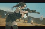  1girl assault_rifle breasts chest_rig commentary english_commentary firing gun handgun highres holding holding_gun holding_weapon legs m4_carbine magazine_(weapon) maxturbo69 military ponytail rifle shooting_range short_shorts shorts small_breasts suppressor thighhighs weapon 
