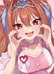 1girl animal_ears blush breasts brown_hair cleavage clothing_cutout daiwa_scarlet_(umamusume) detached_collar fang hair_between_eyes hair_intakes heart heart_hands highres horse_ears horse_girl large_breasts long_hair looking_at_viewer meni_shuki_rush-sshu! open_mouth pink_shirt pink_skirt red_eyes sarachi_(sara_dayluv) shirt shoulder_cutout skirt smile solo tiara twintails umamusume very_long_hair 
