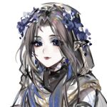  1girl armband black_armband black_shirt blue_eyes blue_eyeshadow blue_flower brown_hair chinese_commentary cloak closed_mouth commentary_request expressionless eyes_visible_through_hair eyeshadow flower hair_flower hair_ornament hood hood_up hooded_cloak infinity_nikki light_blush lipstick long_hair makeup mascara nikki_(series) pendant_earring pointy_ears red_lips seawave02974 shirt shoulder_tattoo simple_background sleeveless sleeveless_shirt solo stylist_(nikki) tattoo thick_eyebrows upper_body white_background white_cloak 