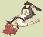  bad_id bad_pixiv_id gloves green_eyes inazuma_eleven inazuma_eleven_(series) kiyama_hiroto lips lying male_focus on_back red_hair shiro_(reptil) simple_background solo thighhighs torn_clothes torn_legwear 