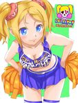  blonde_hair blush breasts cheerleader cleavage clothes_writing crop_top downblouse hand_on_hip hanging_breasts juliet_starling king-keisuke leaning_forward lollipop_chainsaw looking_at_viewer medium_breasts midriff navel pom_poms smile solo thighhighs twintails 