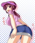  ass blush from_behind hat highres hoshizora_ikuyo long_hair looking_back miniskirt nishi_koutarou open_mouth polka_dot polka_dot_background ponytail precure red_eyes red_hair skirt smile smile_precure! solo visor_cap 