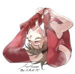  1girl ascot backbend boots breasts brown_hair closed_eyes contortion flexible full_body high_heel_boots high_heels highres leotard nabipenciller original red_ascot red_boots red_leotard red_thighhighs simple_background small_breasts solo thighhighs white_background 