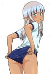  1girl absurdres adjusting_buruma adjusting_clothes ass blue_buruma blue_eyes blunt_bangs blush buruma dark-skinned_female dark_elf dark_skin elf from_behind grey_hair gym_shirt gym_uniform highres karla_(kono_healer_mendokusai) kono_healer_mendokusai long_hair looking_at_viewer looking_back official_art pointy_ears shirt short_sleeves simple_background solo tannen_ni_hakkou white_background 