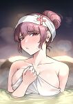  1girl bare_shoulders blush breasts closed_mouth collarbone commentary cross_hair_ornament english_commentary girls'_frontline girls'_frontline_2:_exilium hair_bun hair_ornament half-closed_eyes highres holding holding_towel large_breasts looking_at_viewer makiatto_(girls'_frontline_2) naked_towel official_alternate_costume onsen purple_hair red_eyes senpaihawkkun single_hair_bun sitting solo steam sweat towel towel_on_head wa2000_(girls'_frontline) 