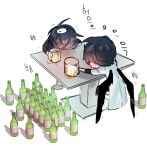 2boys beer_mug black_coat black_hair black_wings blush bottle chibi chibi_only coat commentary_request cup feathered_wings full_body hayu_beck head_down holding holding_cup kim_dokja korean_commentary korean_text male_focus mug multiple_boys official_alternate_costume omniscient_reader's_viewpoint on_stool short_hair slouching table translation_request white_coat wings yoo_joonghyuk 